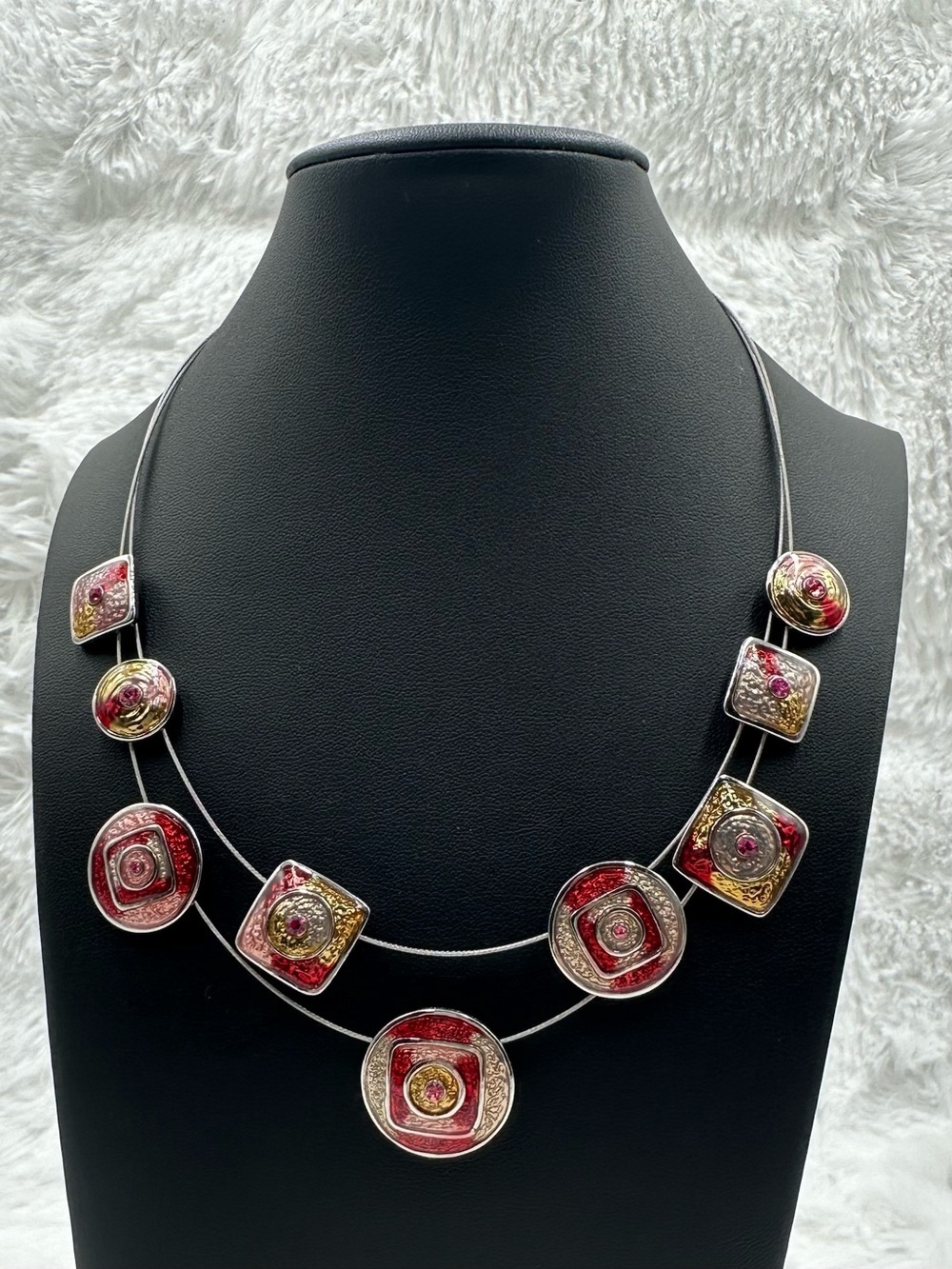 Layered Red & Silver Geometric Pendant Necklace Modern Art Necklace